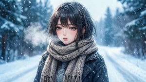 Anime-pige nyder et sneklædt vinterlandskab.