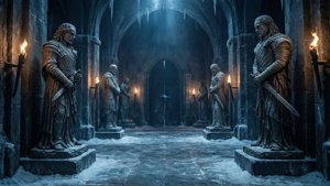 De mørke krypte under Vinterfælde med Stark-statuer