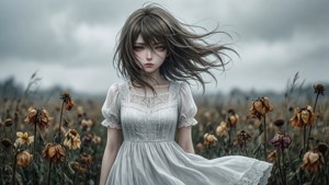 En animepige på en visnet mark, trist og blæst omkuld. — Sørgelig anime GIF Wallpapers