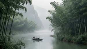 En tåget Yangtze-flod med bambus og en ensom fisker — Kinesisk Wallpapers