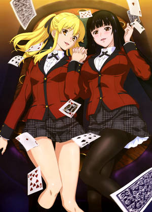 Kakegurui tapet af karaktererne Yumeko Jabami, der holder hænder med medstuderende Mary Saotome. — Oppo Pad 5 Pro Wallpapers