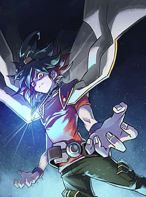 Yuya Sakaki slår en dynamisk positur i sit Duel Monsters-outfit — Kindle Wallpapers