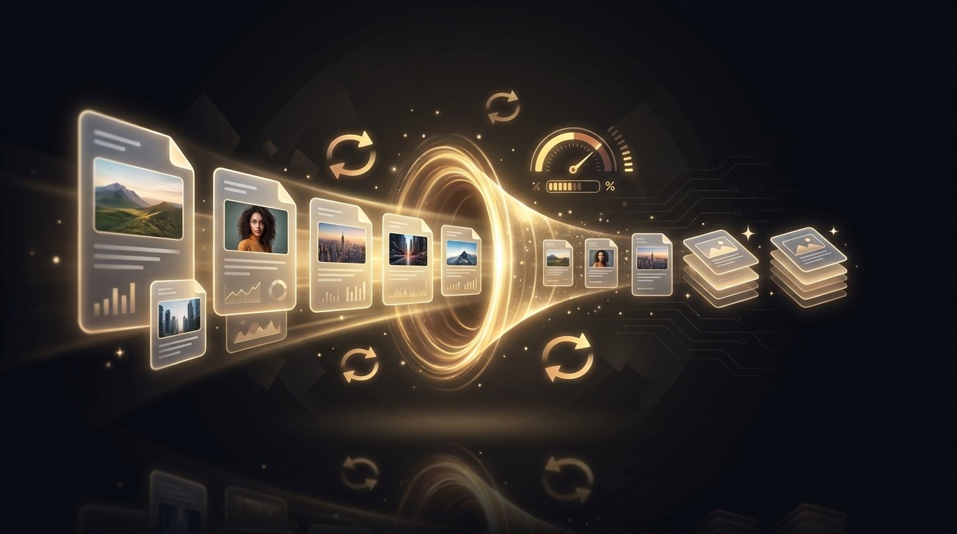 Billedfiler, der flyder gennem en konverteringstragt og kommer mindre ud — filkonvertering og komprimering illustreret