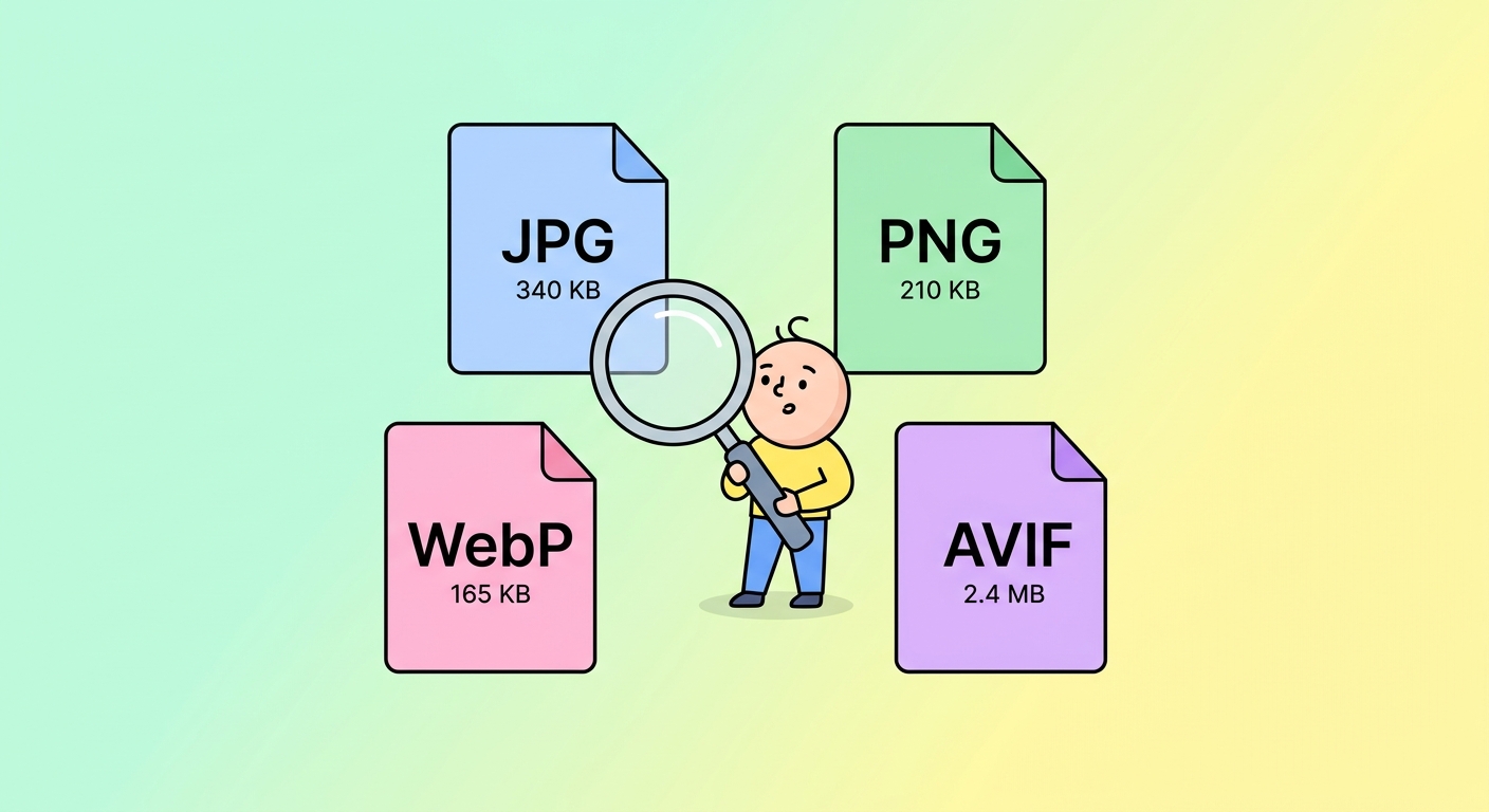Snydeark for billedformater — JPG vs PNG vs WebP vs AVIF